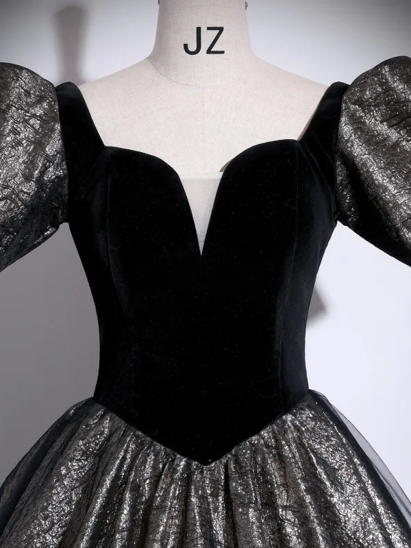 Vintage / Retro Black Glitter Prom Dresses 2025 Ball Gown Square Neckline Puffy Short Sleeve Backless Floor-Length / Long Formal Dresses