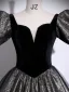 Vintage / Retro Black Glitter Prom Dresses 2025 Ball Gown Square Neckline Puffy Short Sleeve Backless Floor-Length / Long Formal Dresses