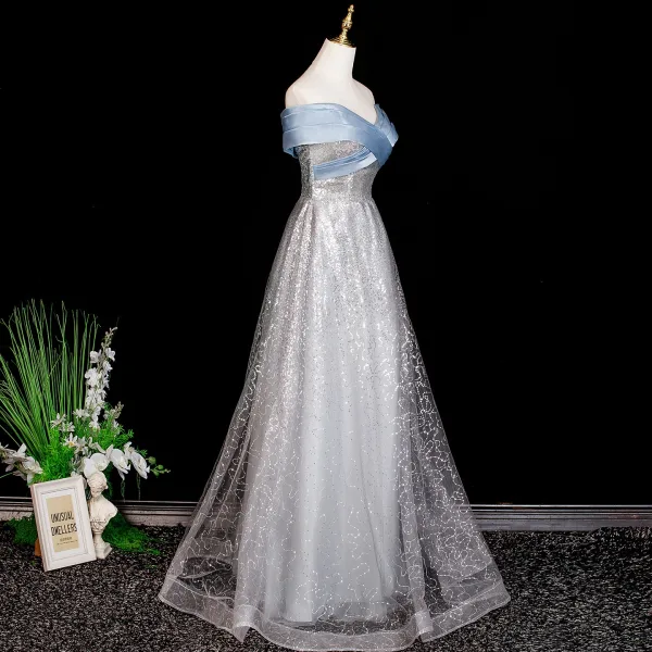 Sparkly Grey Sequins Prom Dresses 2025 A-Line / Princess Off-The-Shoulder Short Sleeve Backless Floor-Length / Long Formal Dresses