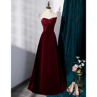 Charming Burgundy Evening Dresses A Line Princess 2022 Strapless Sleeveless Backless Sequins Suede Floor Length Long Polyester Evening Party Formal Dresses