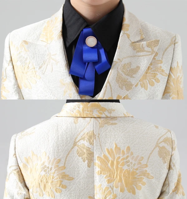 Fashion Yellow Printing 5-piece Long Sleeve Boys Wedding Suits 2024 Coat Pants Shirt Tie Vest