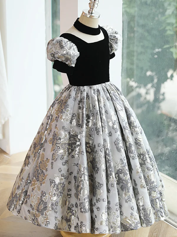 Chic / Beautiful Black Birthday Flower Girl Dresses A-Line / Princess 2023 Square Neckline Puffy Short Sleeve Floor-Length / Long Flower Girl Dresses