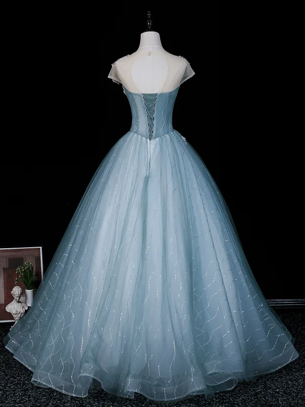 Vintage Himmelblau Perlenstickerei Spitze Blumen Pailletten Ballkleider 2026 Ballkleid Rundhalsausschnitt Ärmel Rückenfreies