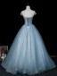 Vintage Himmelblau Perlenstickerei Spitze Blumen Pailletten Ballkleider 2026 Ballkleid Rundhalsausschnitt Ärmel Rückenfreies