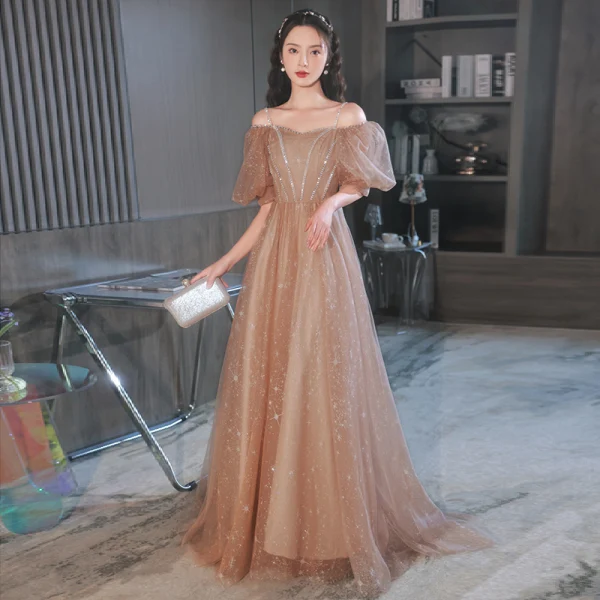 Charming Champagne Sequins Evening Dresses 2022 A-Line / Princess Off-The-Shoulder Rhinestone Short Sleeve Backless Floor-Length / Long Evening Party Formal Dresses