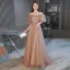 Charming Champagne Sequins Evening Dresses 2022 A-Line / Princess Off-The-Shoulder Rhinestone Short Sleeve Backless Floor-Length / Long Evening Party Formal Dresses