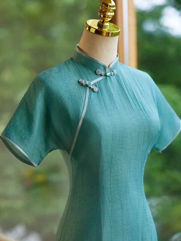 Vintage / Retro Chinese style Jade Green Floor-Length / Long Cheongsam 2024 Trumpet / Mermaid High Neck Short Sleeve