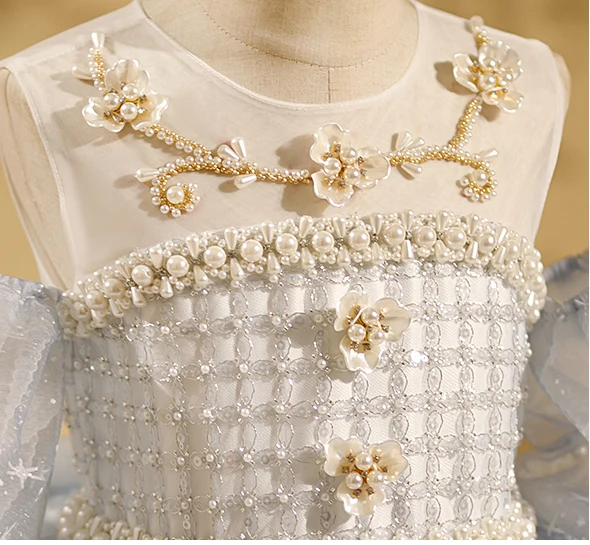 Chic / Beautiful Grey Beading Pearl Sequins Cascading Ruffles Birthday Flower Girl Dresses 2024 Ball Gown Scoop Neck Short Sleeve Backless Bow Floor-Length / Long