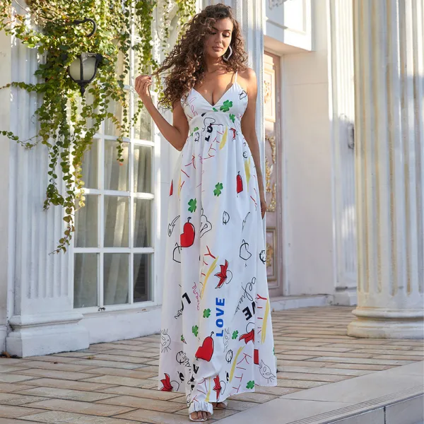Bohemia White Summer Beach Printing Maxi Dresses 2022 A-Line / Princess Spaghetti Straps Sleeveless Backless Floor-Length / Long Women Dresses