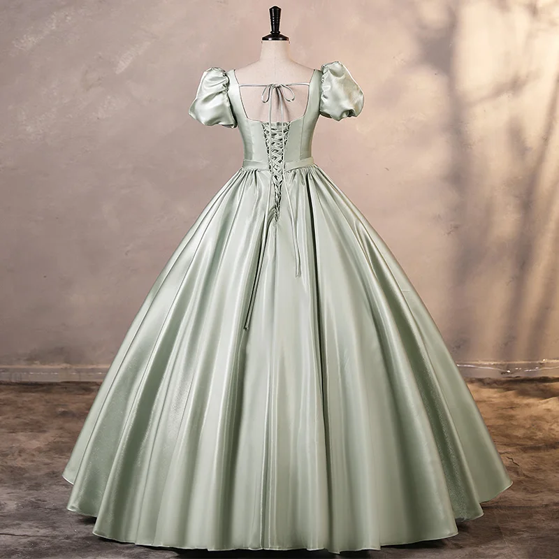Modest Simple Sage Green Satin Prom Dresses 2023 Ball Gown Square Neckline Puffy Short