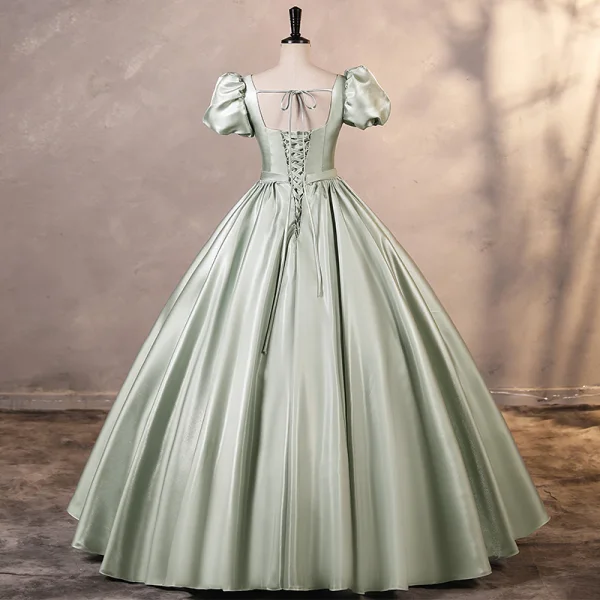 Modest Simple Sage Green Satin Prom Dresses 2023 Ball Gown Square Neckline Puffy Short Modest Simple Sage Green Satin Prom Dresses 2023 Ball Gown Square Neckline Puffy Short
