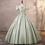 Modest / Simple Sage Green Satin Prom Dresses 2023 Ball Gown Square Neckline Puffy Short Sleeve Backless Floor-Length / Long Prom Formal Dresses