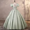 Modest / Simple Sage Green Satin Prom Dresses 2023 Ball Gown Square Neckline Puffy Short Sleeve Backless Floor-Length / Long Prom Formal Dresses