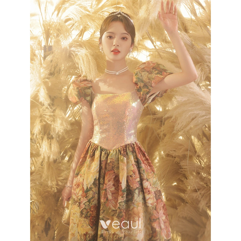 Vintage Retro Fancy Gold Printing Prom Dresses 2023 A Line Princess Square  Neckline Puffy Short Sleeve Backless Floor Length Long Prom Formal Dresses