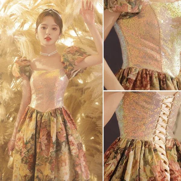 Vintage / Retro Fancy Gold Printing Prom Dresses 2023 A-Line / Princess Square Neckline Puffy Short Sleeve Backless Floor-Length / Long Prom Formal Dresses