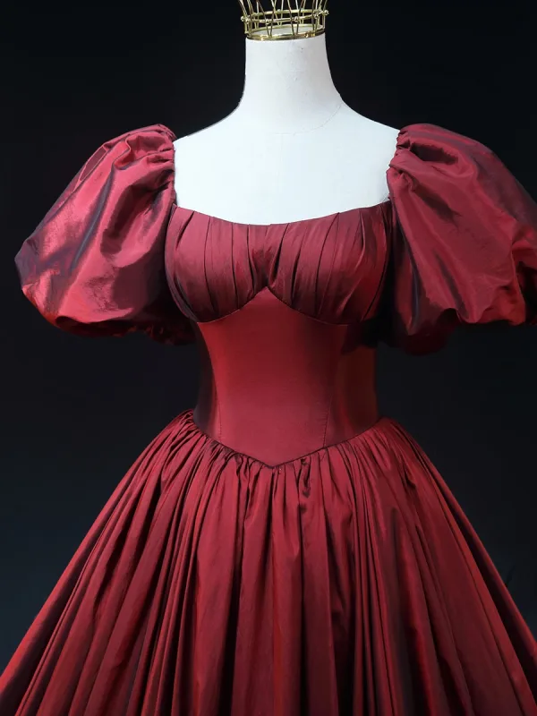 Vintage / Retro Burgundy Prom Dresses 2024 Ball Gown Square Neckline Puffy Short Sleeve Backless Sweep Train Prom Formal Dresses