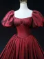 Vintage / Retro Burgundy Prom Dresses 2024 Ball Gown Square Neckline Puffy Short Sleeve Backless Sweep Train Prom Formal Dresses