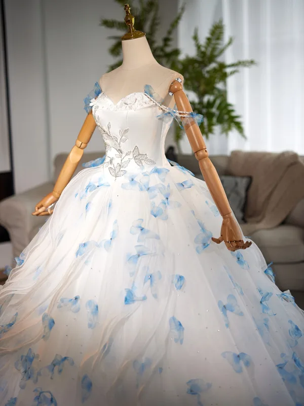 Luxury / Gorgeous White Beading Appliques Sequins Lace Flower Wedding Dresses 2025 Ball Gown Off-The-Shoulder Sleeveless Backless Sweep Train