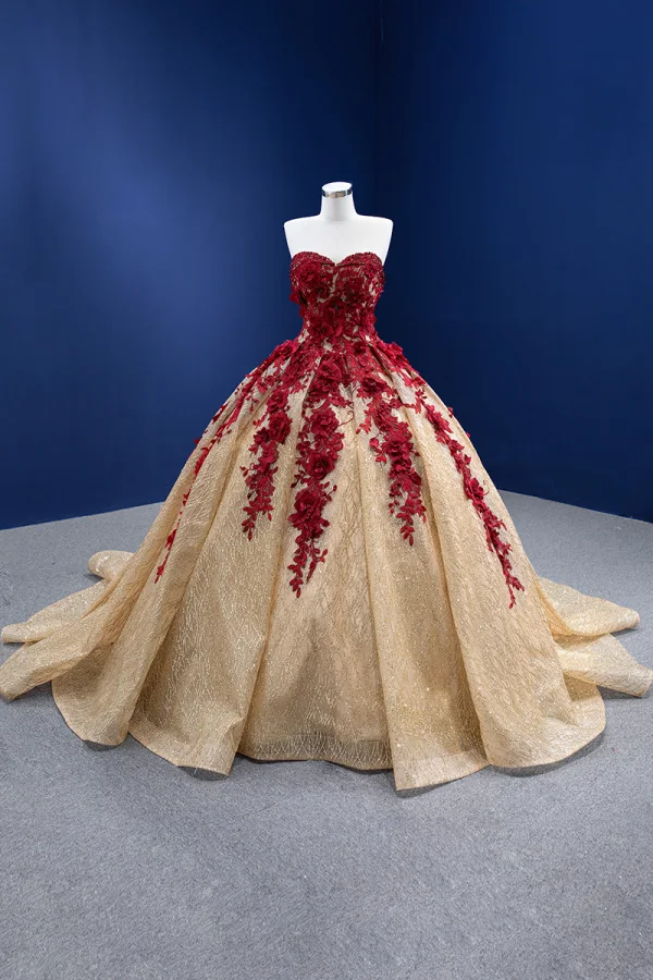 High-end Burgundy Beading Pearl Sequins Lace Flower Appliques Prom Dresses 2022 Ball Gown Strapless Sleeveless Backless Chapel Train
