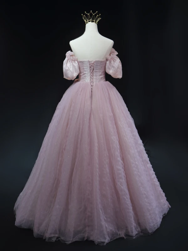 Charmant Rosa Perlenstickerei Pailletten Ballkleider 2023 A Linie Off Shoulder Geschwollenes Kurze Ärmel Rückenfreies Schleife Lange Ball Festliche Kleider
