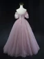 Charmant Rosa Perlenstickerei Pailletten Ballkleider 2023 A Linie Off Shoulder Geschwollenes Kurze Ärmel Rückenfreies Schleife Lange Ball Festliche Kleider