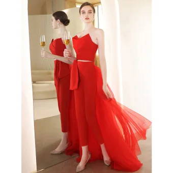 Inhabituel Rouge Combinaison Robe De Soirée 2022 Bustier Sans Manches Dos Nu Train De Balayage Soirée