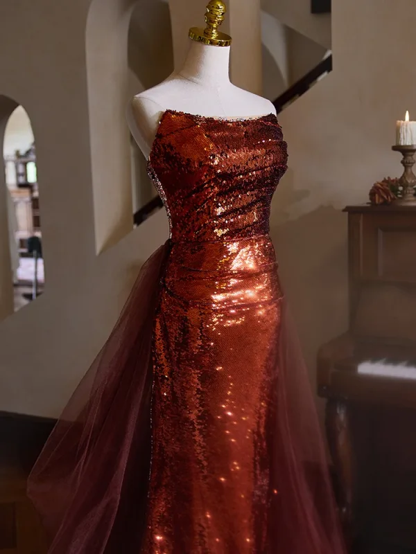 Scintillantes Bordeaux Paillettes Trompette / Sirène Robe De Soirée 2024 Bustier Sans Manches Dos Nu Train De Balayage Soirée Robe De Ceremonie