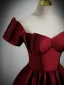 Elegant Burgundy Satin Prom Dresses 2023 Ball Gown Off-The-Shoulder Short Sleeve Backless Floor-Length / Long Prom Formal Dresses