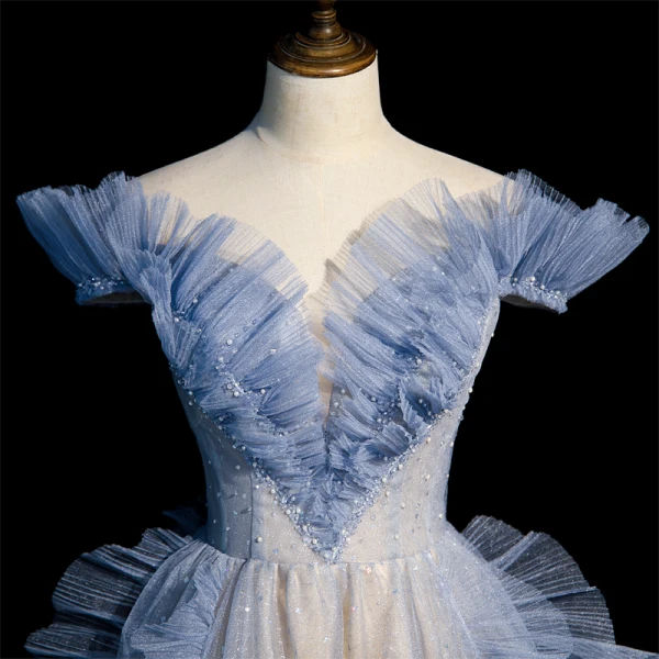 Fashion Sky Blue Ruffle Prom Dresses 2022 A-Line / Princess Off-The-Shoulder Sequins Pearl Short Sleeve Backless Floor-Length / Long Prom Formal Dresses