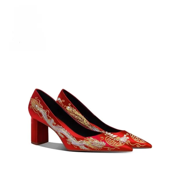 Chinese style Red Embroidered Satin Wedding Shoes 2026 5 cm Thick Heels Pointed Toe Wedding Pumps High Heels