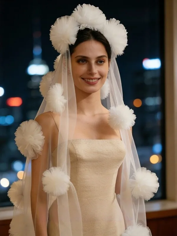 Élégant Blanche Fait main Appliques Tribunal Train Voile De Mariée 2026 Tulle