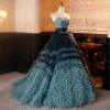Fashion Ink Blue Cascading Ruffles Prom Dresses 2023 Ball Gown Strapless Sleeveless Backless Sweep Train Prom Formal Dresses