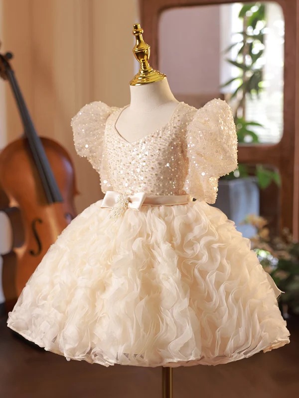 Bling Bling Champagne Beading Pearl Sequins Short Birthday Flower Girl Dresses 2024 Ball Gown Square Neckline Bow Sash Short Sleeve