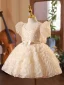 Bling Bling Champagne Beading Pearl Sequins Short Birthday Flower Girl Dresses 2024 Ball Gown Square Neckline Bow Sash Short Sleeve