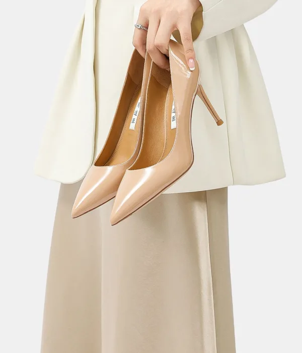 Schöne Nude Handgefertigt Lackleder Ball Pumps 2024 Leder 8 cm Stilettos Spitzschuh Pumps Hochhackige
