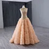 High-end Gold Rhinestone Sequins Pleated Prom Dresses 2024 A-Line / Princess High Neck Sleeveless Floor-Length / Long Prom Formal Dresses