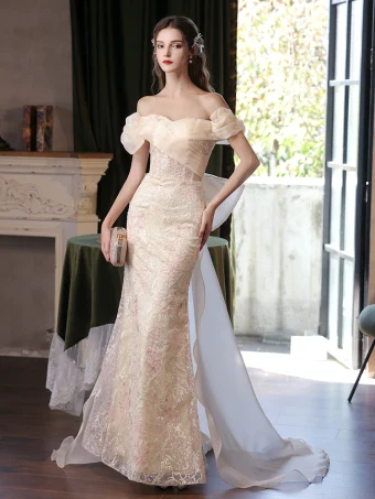 Charmant Champagne Paillettes En Dentelle Fleur Robe De Bal 2024 Trompette Sirène De L Épaule Sans Manches Dos Nu Noeud Train De Balayage Promo Robe De Ceremonie