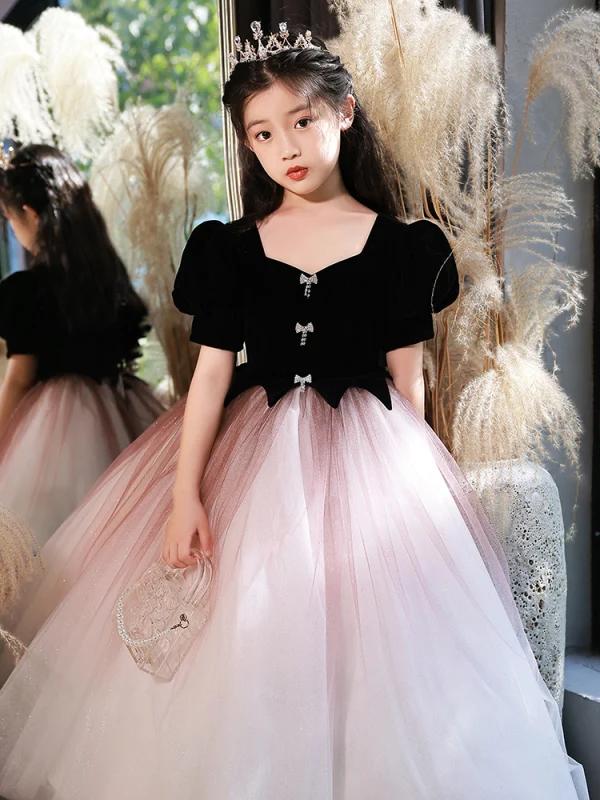 Chic / Beautiful Black Suede Birthday Flower Girl Dresses 2022 Ball Gown Square Neckline Rhinestone Bow Puffy Short Sleeve Floor-Length / Long Flower Girl Dresses