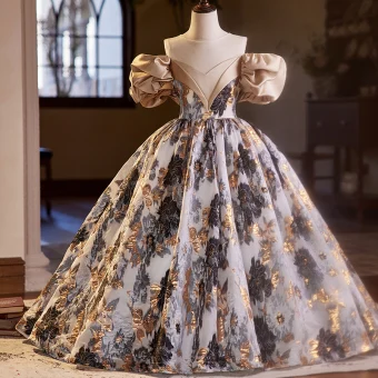 Chic Beautiful Black Gold Printing Birthday Flower Girl Dresses 2024 Ball Gown Scoop Neck Short Sleeve Backless Floor Length Long