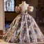 Chic / Beautiful Black Gold Printing Birthday Flower Girl Dresses 2024 Ball Gown Scoop Neck Short Sleeve Backless Floor-Length / Long