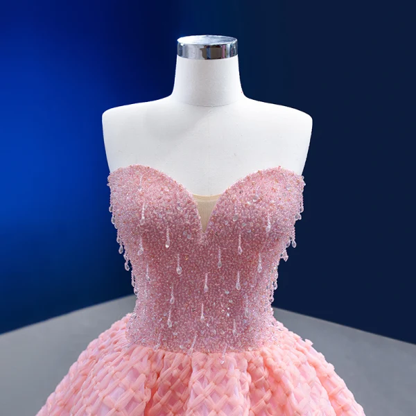 Luxury / Gorgeous Charming Candy Pink Handmade Beading Pearl Prom Dresses 2023 Ball Gown Strapless Sleeveless Backless Sweep Train Prom Formal Dresses