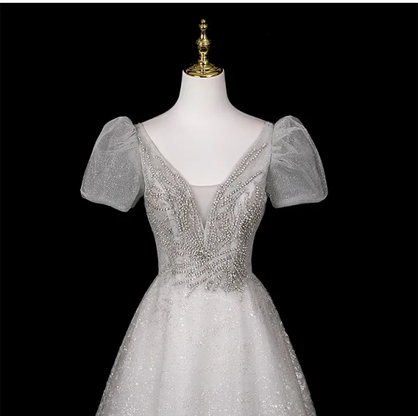 Bling Bling Gris Paillettes Faux Diamant Robe De Bal 2025 Princesse V-Cou Manches Courtes Dos Nu Longue Robe De Ceremonie