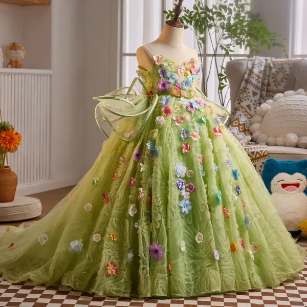 Flower Fairy Sage Green Multi-Colors Appliques Birthday Flower Girl Dresses 2025 Ball Gown Spaghetti Straps Sleeveless Backless Sweep Train