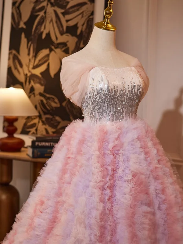 Lovely Blushing Pink Sequins Pleated Prom Dresses 2024 Ball Gown Off-The-Shoulder Sleeveless Backless Prom Formal Dresses