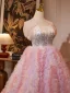 Lovely Blushing Pink Sequins Pleated Prom Dresses 2024 Ball Gown Off-The-Shoulder Sleeveless Backless Prom Formal Dresses
