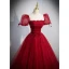 Chic / Belle Bordeaux Robe De Bal 2022 Princesse Encolure Carrée Paillettes Gonflée Manches Courtes Dos Nu Noeud Longue Promo Robe De Ceremonie