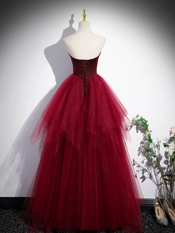 Chic / Beautiful Burgundy Prom Dresses 2023 A-Line / Princess Strapless Sleeveless Backless Bow Sash Floor-Length / Long Prom Formal Dresses