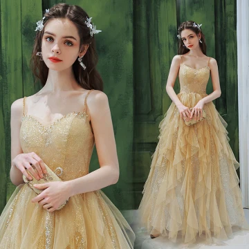 Sparkly Charming Gold Sequins Prom Dresses 2022 A Line Princess Spaghetti Straps Cascading Ruffles Sleeveless Backless Floor Length Long Formal Dresses