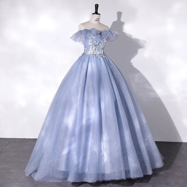 Elegant Sky Blue Pearl Rhinestone Lace Flower Prom Dresses 2022 Ball Gown Off-The-Shoulder Sleeveless Backless Floor-Length / Long Prom Formal Dresses