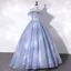 Elegant Sky Blue Pearl Rhinestone Lace Flower Prom Dresses 2022 Ball Gown Off-The-Shoulder Sleeveless Backless Floor-Length / Long Prom Formal Dresses